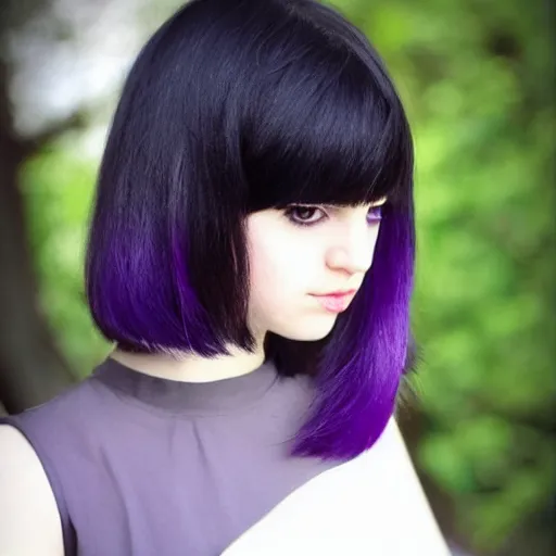 Image similar to Pale-skinned Persian girl, black hime cut hair, bob cut hair, purple eyes, mysterious girl, photograph