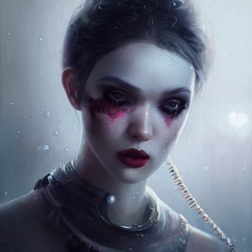 Image similar to a beautiful portrait of kerli koiv with bubble goth makeup, a detailed painting by greg rutkowski and raymond swanland, featured on cgsociety, fantasy art, detailed painting, artstation hd, photorealistic