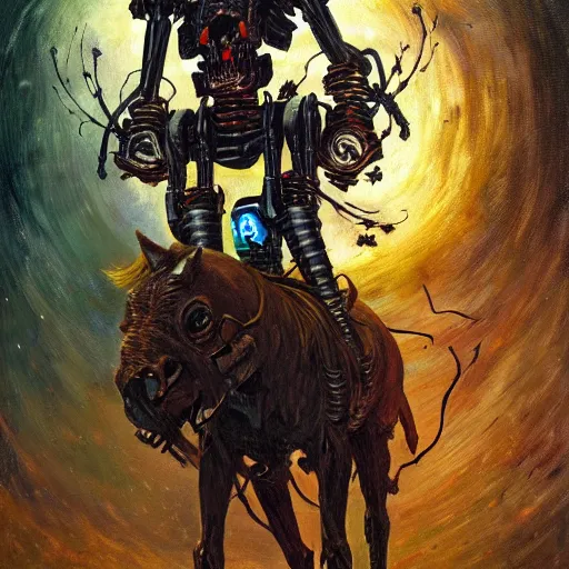 Prompt: a death tarot featuring an african shaman riding a robot zombie horse in a cyberpunk voodoo style by anton semenov and android jones and Alfred Munnings, oil on canvas