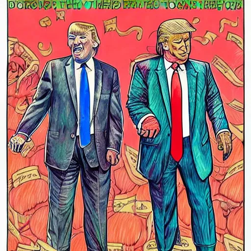 Image similar to !dream The Artwork of R. Crumb and his Cheap Suit Donald Trump and Jared Kushner, pencil and colored marker artwork, trailer-trash lifestyle