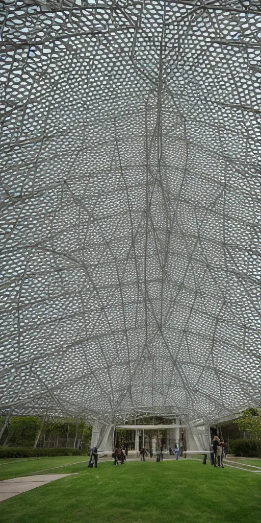 Prompt: photo inside small pavilion made of large hexagonal rusty steel gridshell by andrew kudless. the garden pavilion is crowded with visitors and in a beautiful park. architectural photography. 4 k, 8 k. volumetric lighting. 1 0 0 structural vaults. thin columns support roof. ivy hanging from ceiling, white concrete floor.