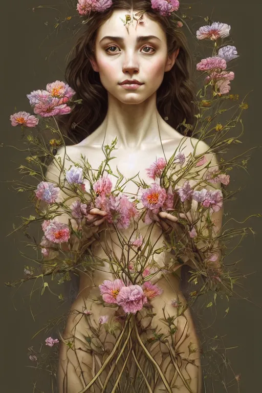 Image similar to symmetry!! full body portrait!!!! of a beautiful!!!! girl, pretty face, decorated with twigs and flowers, intricate, elegant, highly detailed, digital painting, artstation, concept art, smooth, sharp focus, illustration, art by artgerm and greg rutkowski and alphonse mucha, 8 k