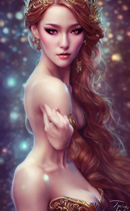 Image similar to a fantasy photo of gorgeous russian female, evening gown, bokeh, medium shot, beautiful face, professionally retouched, soft lighting, realistic, smooth face, perfect eyes, sharp focus, 8 k realistic high definition, insanely detailed, intricate, elegant, art by artgerm and kyoung hwan kim