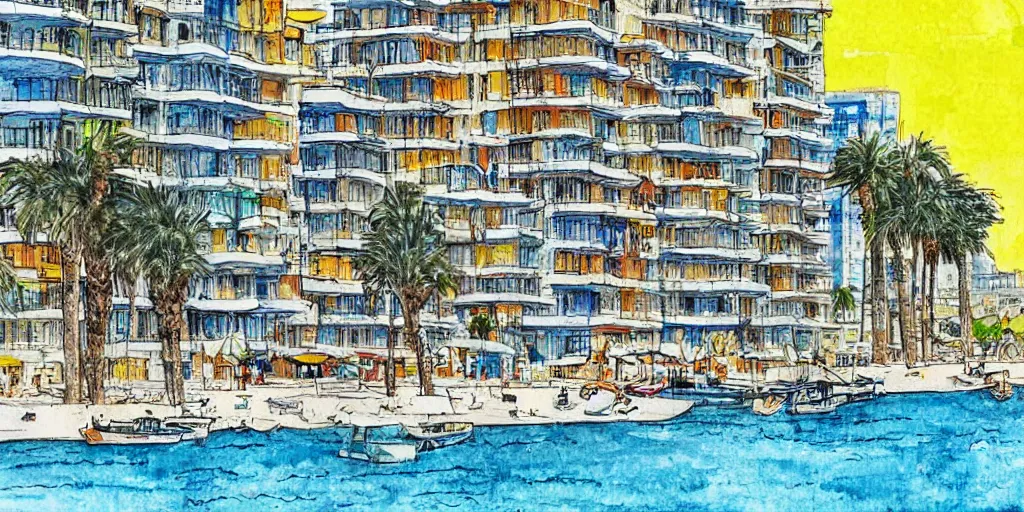 Image similar to tel aviv shoreline. dogs. bauhaus style. buildings with balconies. highly detailed. pen drawing painted with watercolors. colorful. low buildings. palm trees. blue skies