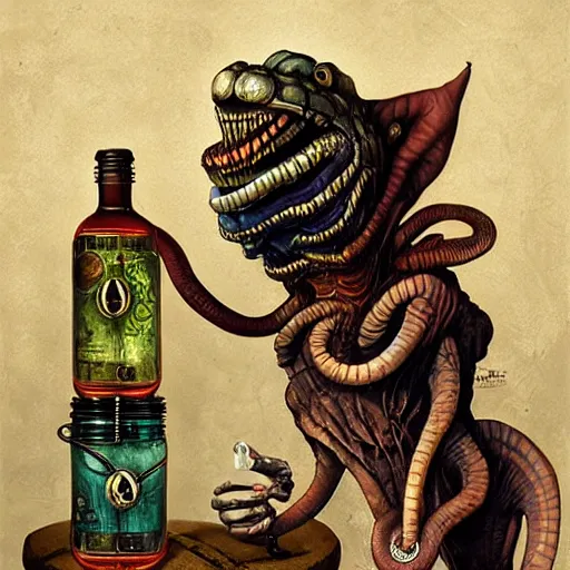 Prompt: a grinning anthropomorphic snake selling bottles of medicine, fantasy, steampunk, dave mckean, hr giger, peter mohrbacher, wayne barlowe