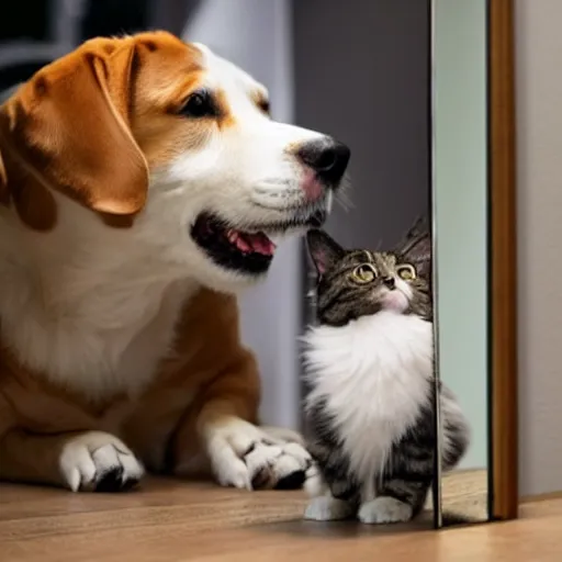 Image similar to a dog looking curiously in the mirror, seeing a cat.