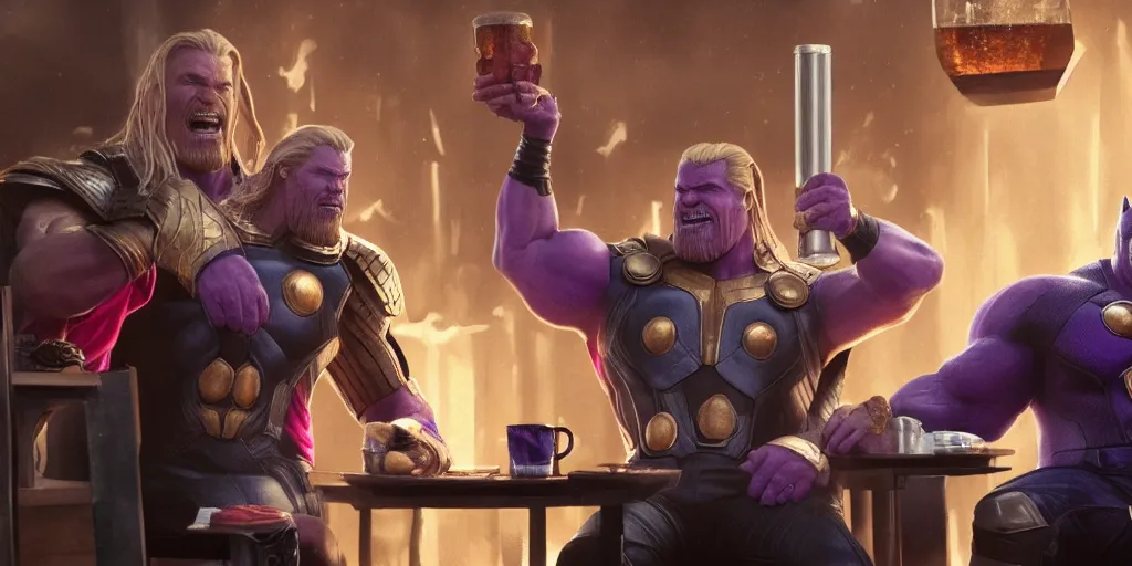 Image similar to Thanos and Thor having beers in a tabern, elegant, highly detailed, artstation, concept art, smooth, sharp focus, 4k