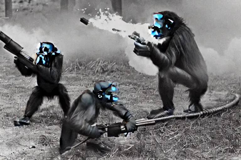 Image similar to chimp using a flame thrower in world war 2