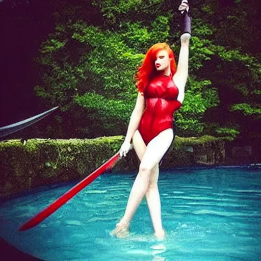 Prompt: “ beautiful red headed vampire woman stepping out of a pool of blood, holding two swords ”