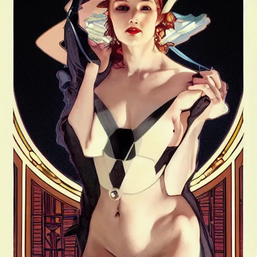 Image similar to deco art by artgerm, greg rutkowski and alphonse mucha. just one black tape project attctive showgirl. full body!! hd, 4 k, stage light. by