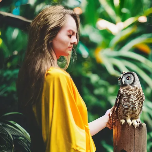 Image similar to close up portrait of beautiful woman wearing a yellow kimono in a tropical greenhouse with an owl on her shoulder, bokeh, cinematic colors