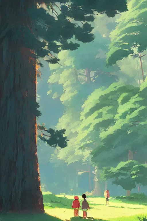 Image similar to Sequoia Park in a colorful moutain with beautiful trees ,morning , by studio ghibli painting, superior quality, masterpiece, traditional Japanese colors, by Grzegorz Rutkowski, concept art