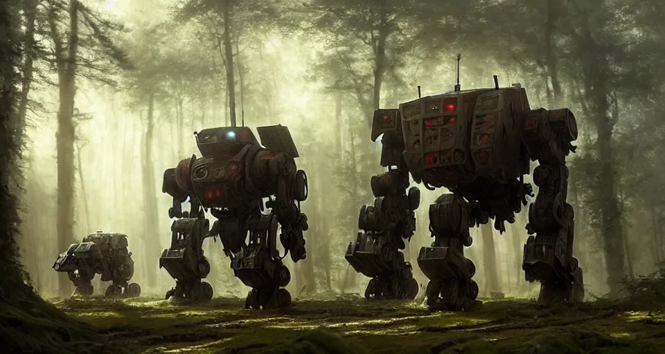 Image similar to giant medieval battlemech walking through a forest, hyper realistic sci - fi matte concept art painting, beautiful details, strong composition painted by kim jung guweta studio rutkowski, james gurney and greg rutkowski, and lucasfilm, smooth, intricate, detailed, sharp focus, cinematic