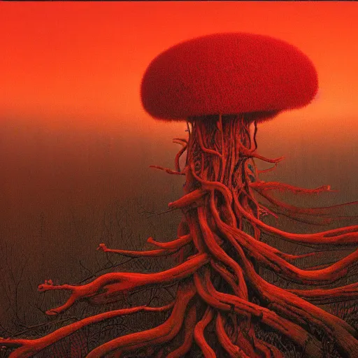 Prompt: landscape painting of redwood forest overrun with red alien vines and cancerous tumor pufball mushrooms with an ominous red sunset, by Beksinski and Ansel Adams and Greg Rutkowski and Moebius
