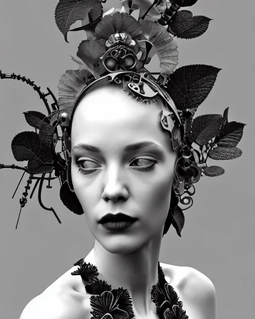 Image similar to monochrome 3 d model, 1 8 7 0 picture, silver mesh floral steampunk biomechanical beautiful young female cyborg with porcelain profile face and a techno eye, volumetric light, leaves foliage and stems, hibiscus flowers, sinuous fine roots, fine foliage lace, alexander mcqueen, rim light, big gothic fashion pearl embroidered collar, octane render, 8 k