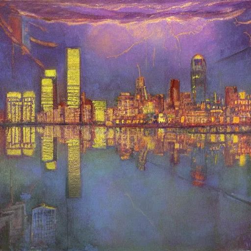 Prompt: impressionistic full - color painting of a distorted mirror reflecting a nightmarish balcony view of boston downtown skyline in 1 9 2 5 at night with a horrifying sky, aerial view, dark, brooding, night, atmospheric, horror, cosmic, ultra - realistic, smooth, highly detailed by dave dorman