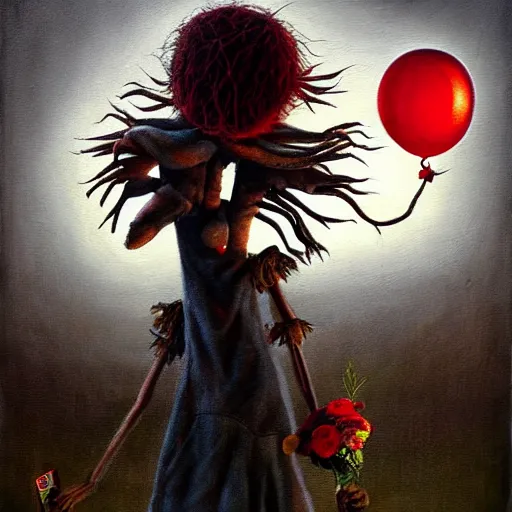 Prompt: grunge painting of a scarecrow with a wide smile and a red balloon by chris leib, loony toons style, pennywise style, corpse bride style, horror theme, detailed, elegant, intricate, conceptual, volumetric light