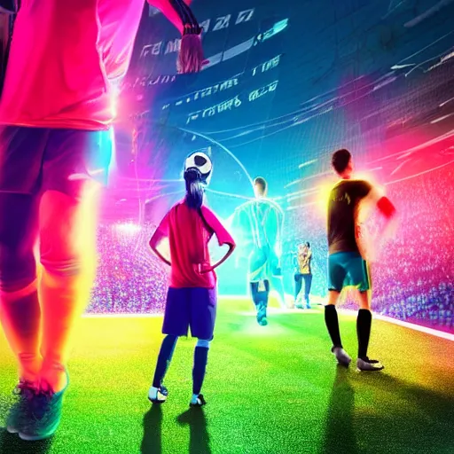 Image similar to soccer, futuristic, high def, realistic people, neon colours, high saturation,