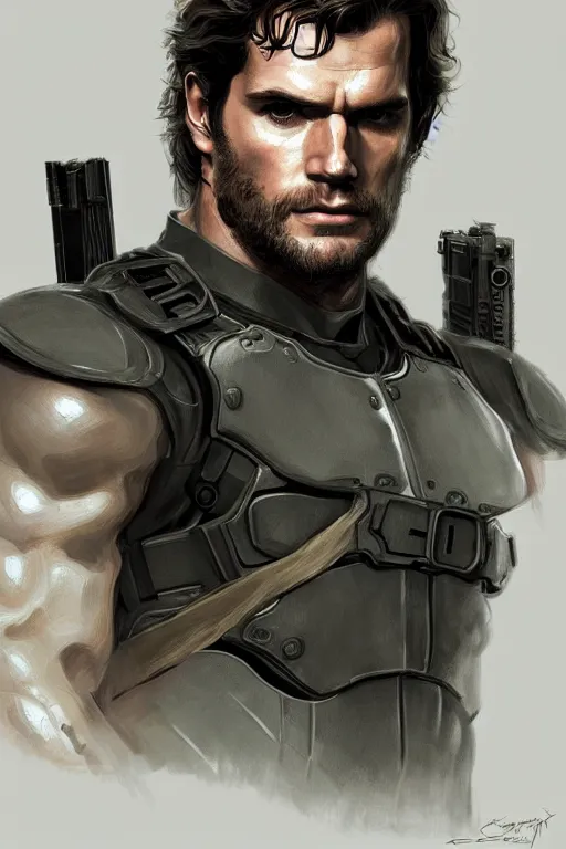 Image similar to portrait of henry cavill as solid snake, metal gear solid, upper body,, henry cavill!!!, fantasy, intricate, elegant, highly detailed, digital painting, artstation, concept art, smooth, sharp focus, illustration, art by artgerm and greg rutkowski and alphonse mucha