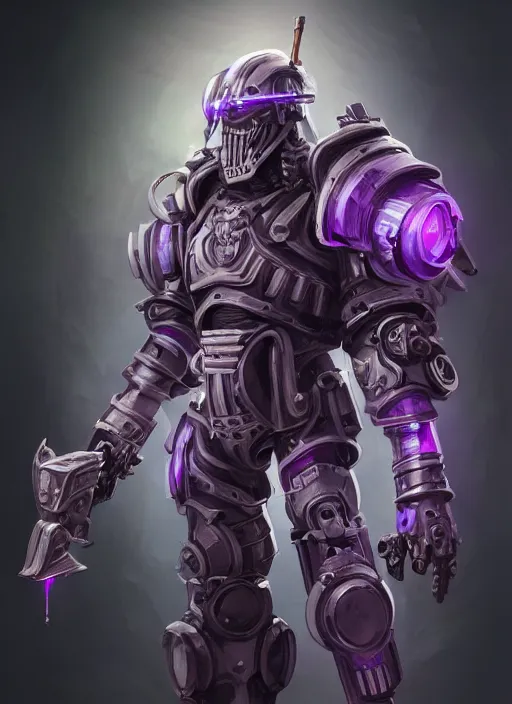 Prompt: a highly detailed illustration of dieselpunk cyber knight with machine gun arms, rigid bulky armor, purple glowing core in armor, dramatic standing pose, intricate, elegant, highly detailed, centered, digital painting, artstation, concept art, smooth, sharp focus, league of legends concept art, WLOP