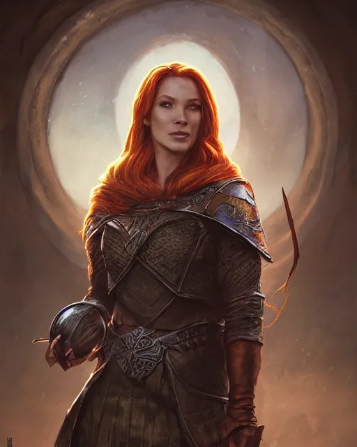 Image similar to the elder scrolls vi, charismatic hooded rugged female redhead breton battlemage portrait, illustration, rim light, top light, perfectly shaded, golden hour, epic, intricate, soft painting, by leesha hannigan, ross tran, thierry doizon, kai carpenter, ignacio fernandez rios