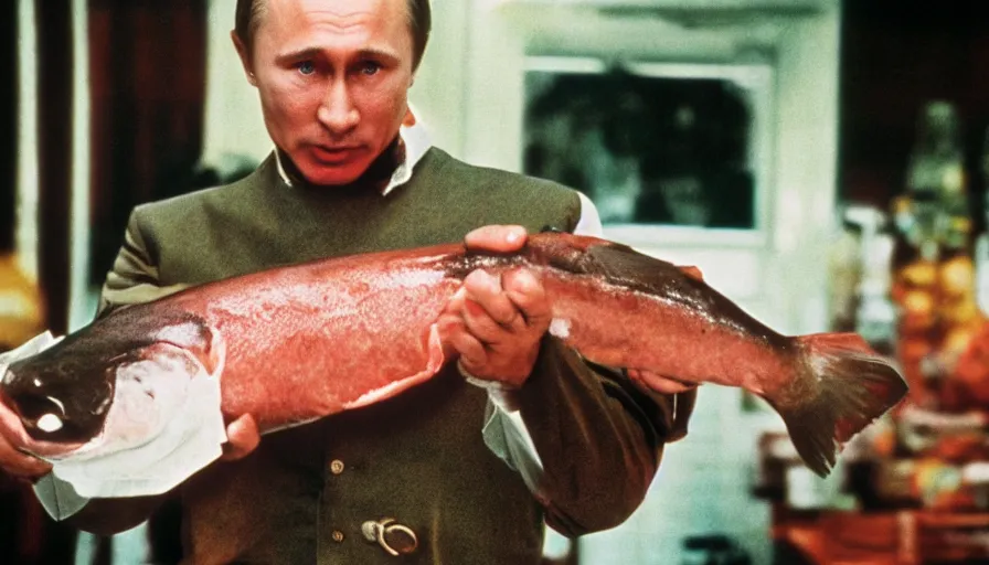 Image similar to 7 0 s movie still of putin in butcher outfit, proudly holding a salmon. cinestill 8 0 0 t _ 3 5 mm eastmancolor, heavy grain, high quality, high detail