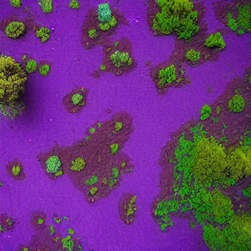 Prompt: landscape covered in purple mold, arial view