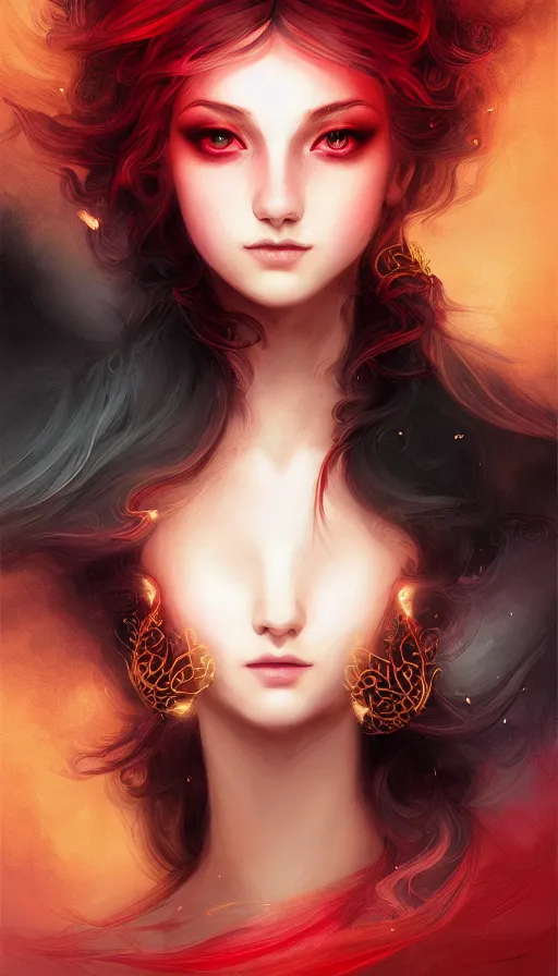 Image similar to portrait of magical archer , dark fantasy, gradient red black, dreamy and ethereal, (colour) eyes, one head, golden ratio, peaceful expression, ornate frilly dress, fantasy, intricate, elegant, rainbow bubbles, highly detailed, digital painting, artstation, concept art, smooth,b sharp focus, illustration, art by artgerm and greg rutkowski and alphonse mucha