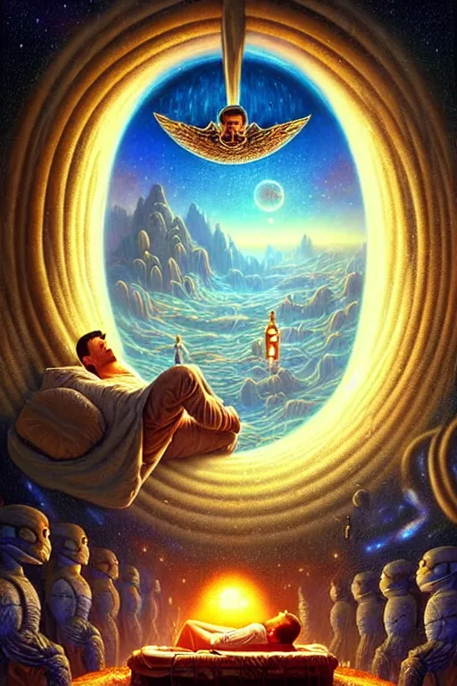 Prompt: a photorealistic detailed cinematic image of a man on his deathbed, remembering his life, met by guardians, portal to the afterlife. met by friends and family, overjoyed, emotional by pinterest, david a. hardy, kinkade, lisa frank, wpa, public works mural, socialist