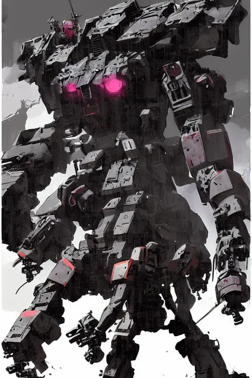 Prompt: silhouette, silhouette Mech design, concept art, military, full body, illustration designed by Marc Simonetti and Mike Mignola, hyperchromatic, Handsome defense mecha bulky, full body by Yoji Shinkawa