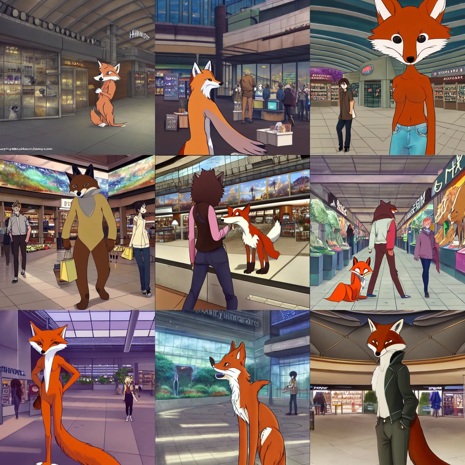 Prompt: an anthropomorphic natural furry ( fox ) shopping at a futuristic mall, photorealistic!!!!, anime!!!!, makoto shinkai, james gurney, don bluth, disney, hibbary, dark natasha, goldenwolf, furaffinity, fursona, commission