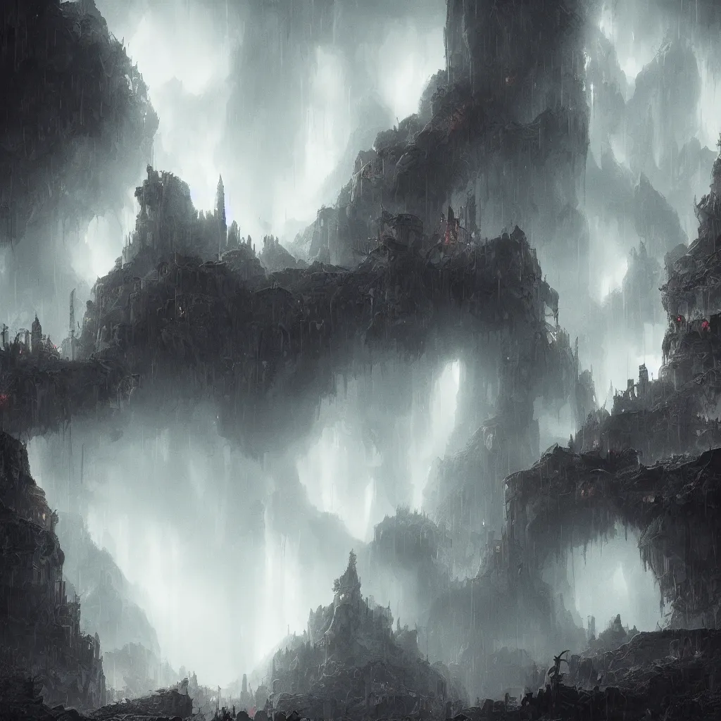 Image similar to a fantasy city built within a vast cave, illustration, raining, dark and moody lighting, digital art, fantasy, 8 k, trending on artstation, detailed