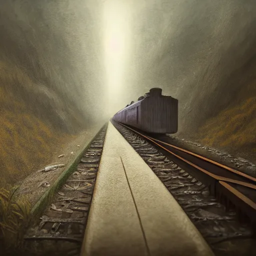 Image similar to an old train in tunnel by Aron Wiesenfeld and beksincki, cinematic, detailed illustration, nature, fog, dark colors, suspense, intricate, 8k