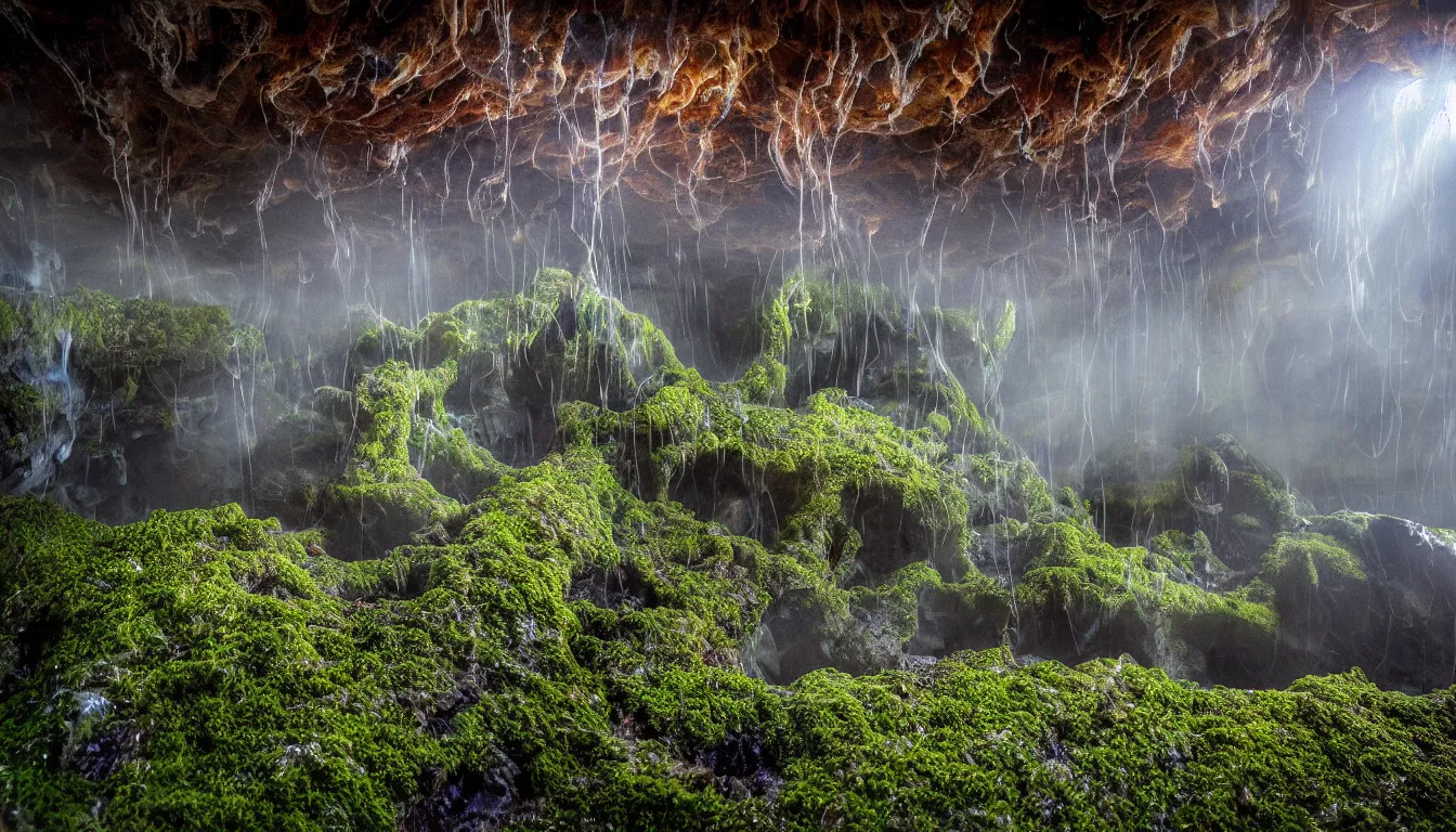 Image similar to wet expansive caves with growing fungal mycelium biodiversity ,deep boiling pools of water reflecting the surfaces around them spraying steam high into the air , small futuristic cities emerge in between the rock formations, dramatic dusk sun illuminates areas and cast strong shadows, volumetric light through the boiling mist ,detailed entangled fibres carpet the fallen rocks , tree roots puncture and crack rocks , stormy clouds gather in the distance ,full colour , upscale , 8k