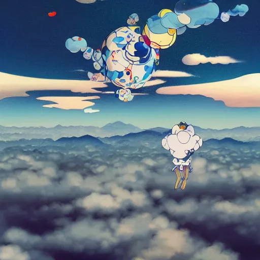 Prompt: a man walking on clouds above kyoto by takashi murakami, beeple and james jean, aya takano color style, 4 k, super detailed