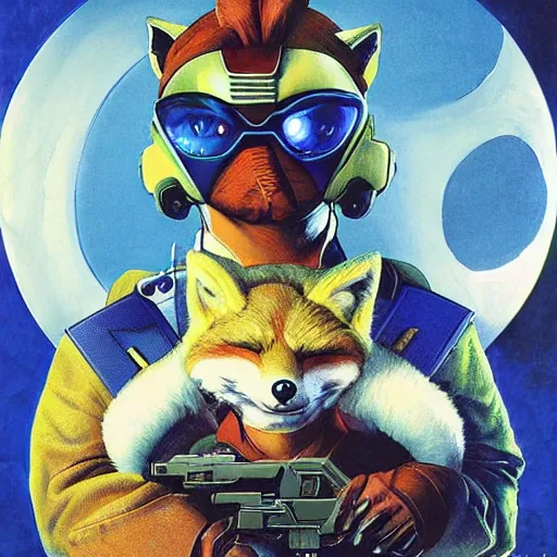 Image similar to a portrait of fox mccloud holding a blaster, suspenseful, heroic, anthropomorphic furry art, star fox, by jim burns, vincent di fate, and peter elson