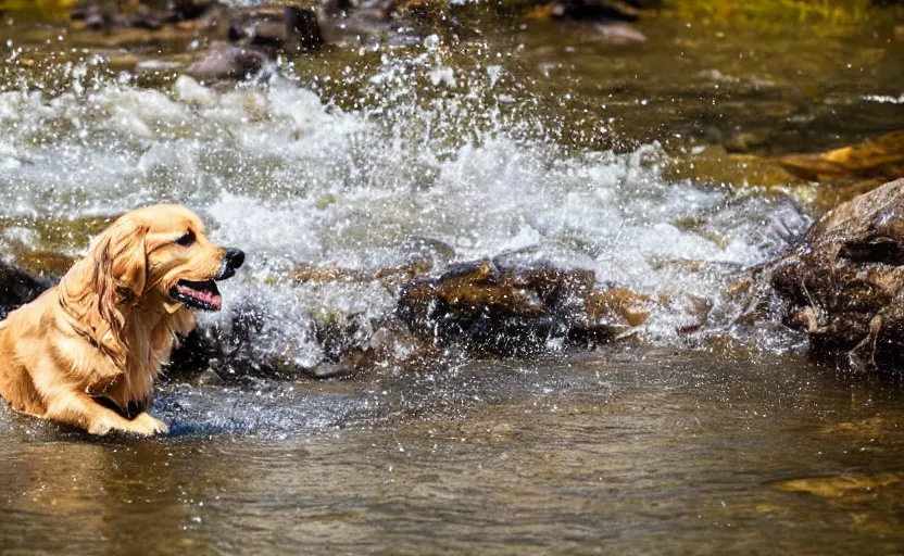 Prompt: photo of a golden retriever panning for gold in a river using a pan and finding gold nuggets