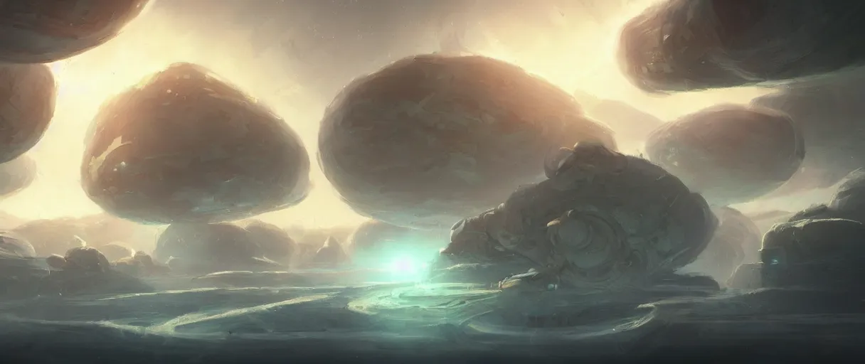 Image similar to floating islands in space, void concept art, low angle, cinematic, style of Jordan grimmer