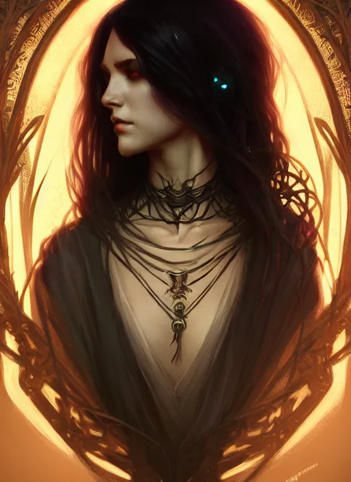 Image similar to Necromancer Sorceress, fantasy magic, undercut hairstyle, dark light night, intricate, elegant, sharp focus, illustration, highly detailed, digital painting, concept art, matte, art by WLOP and Artgerm and Greg Rutkowski and Alphonse Mucha, masterpiece