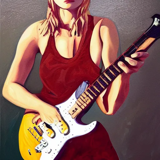 Prompt: Anna Calvi playing electric guitar, oil painting by Martine Johanna