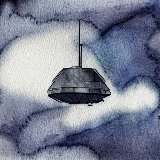 Image similar to high - angle view, from 1 0 0 0 feet in distance, vague uap interstellar vehicle on top of dramatic moody clouds in the sky, muted ink and watercolor. minimalist, detailed, muted colors. ue 5