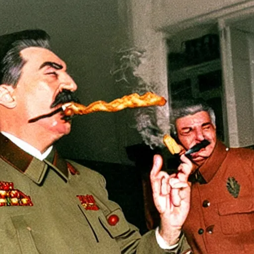 Image similar to stalin eats french fries with ketchup while smoking cigar