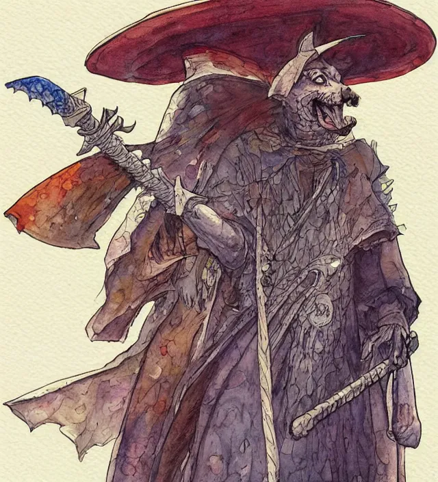 Image similar to a watercolor ink painting of an anthropomorphic dog wizard / knight in the style of jean giraud in the style of moebius trending on artstation deviantart pinterest detailed realistic hd 8 k high resolution