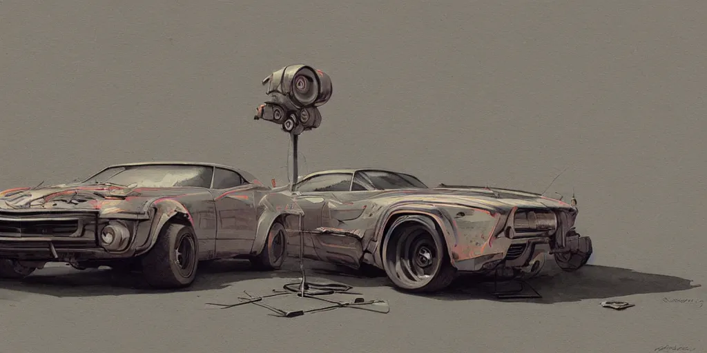 Image similar to vintage muscle car design, futuristic, kyza, ash thorp, simon stalenhag, hard surface, cyberpunk , sci-fi, wide body, sport car, exotic, in watercolor gouache detailed paintings