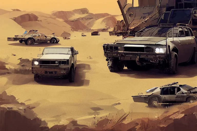 Image similar to digital illustration of mad max's land cruiser pursuit special, the last v 8 interceptor by makoto shinkai, ilya kuvshinov, lois van baarle, rossdraws, basquiat