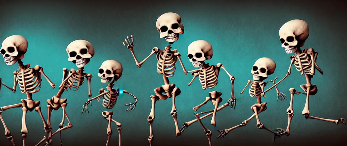 Image similar to hyperrealistic very cute milticolored medieval skeletons dancing jason limon concept art dramatic blue lighting wide angle hd 8k sharp shallow depth of field