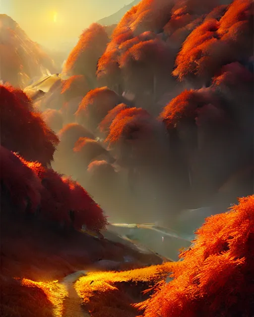 Prompt: autumn in the low - poly hills, diffuse lighting, intricate, elegant, highly detailed, lifelike, photorealistic, digital painting, artstation, illustration, concept art, smooth, sharp focus, by greg rutkowski, chris tulloch mccabe, valentina remenar,
