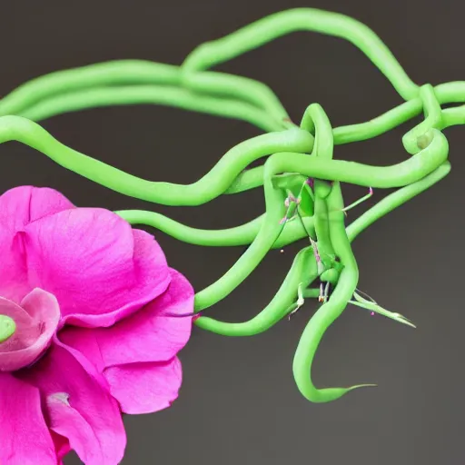 Image similar to studio photograph of a thin green vine creature with vine limbs and a pink blooming flower bulb with many sharp teeth
