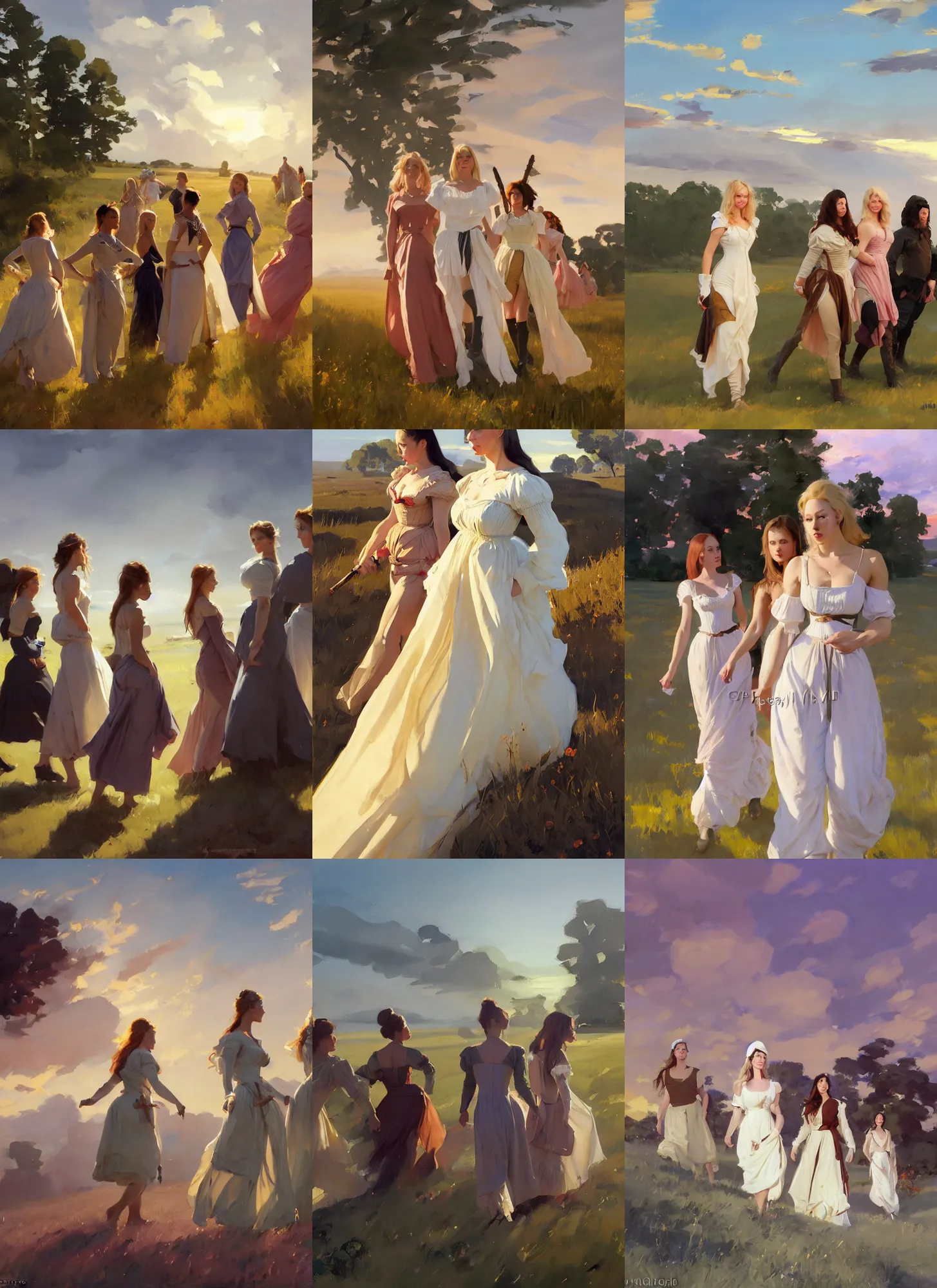 Prompt: group of beautiful finnish norwegian swedish scandinavian attractive glamour models wearing 1 7 th century bodice with low neckline walking in the field at sunset, jodhpurs greg manchess painting by sargent and leyendecker, studio ghibli fantasy medium shot asymmetrical intricate elegant matte painting illustration hearthstone, by greg rutkowski by greg tocchini by james gilleard