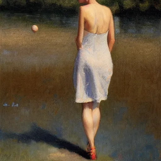 Image similar to woman with baseball cap, back view, summer dress, by paul chabas